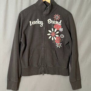 Vintage Lucky Brand XL Brown Tan Logo Floral Full Zip Sweater